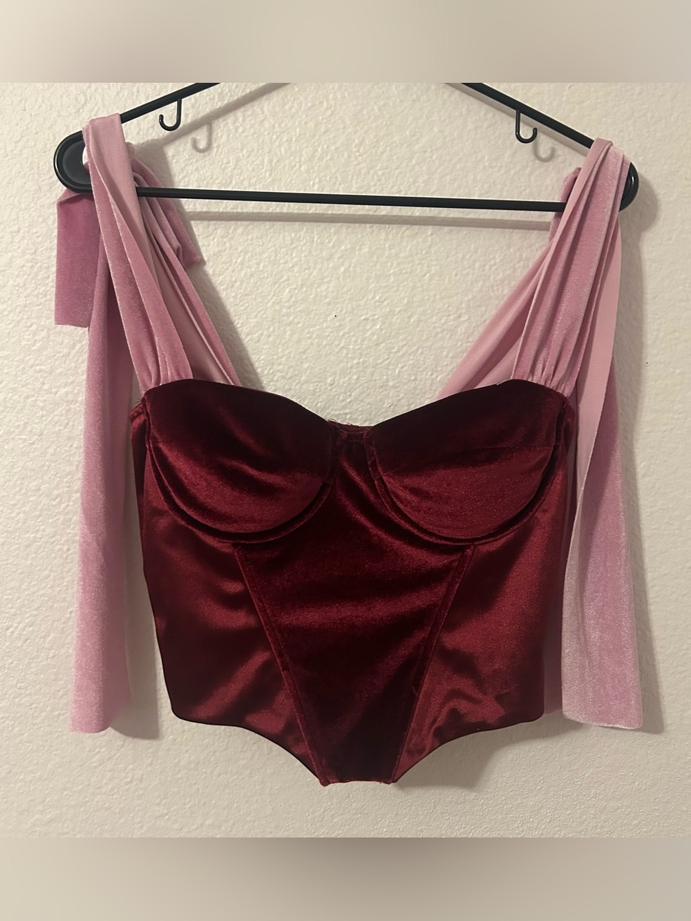 Women's Burgundy Satin Bustier Top with Pink Draped Tie Straps